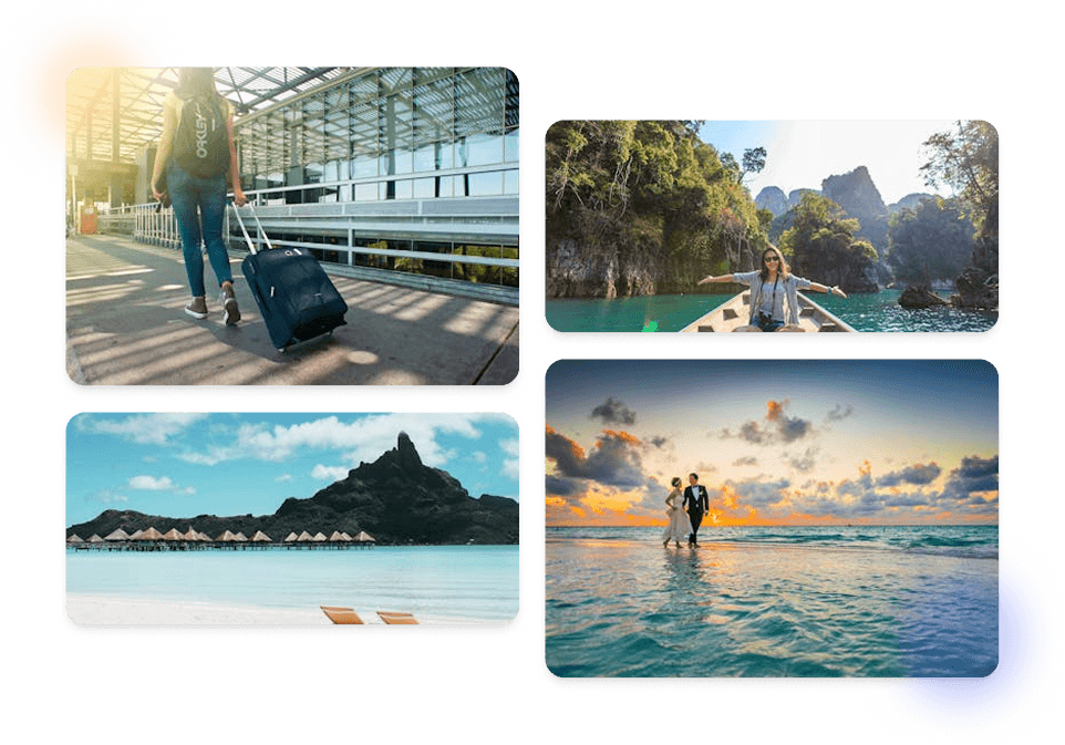 Collage of travel scenes: airport departure, boat on turquoise water, tropical beach bungalows, and couple at sunset.